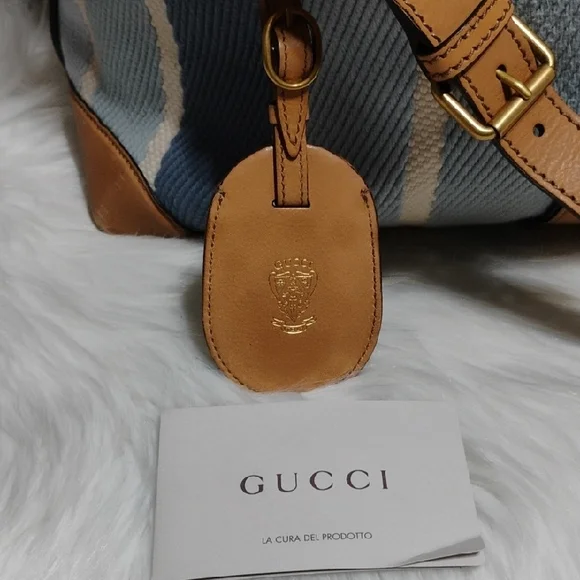 SALE! Auth Gucci Blue & White Striped Leather Trim Travel/Duffle Bag W Strap - Picture 2 of 16